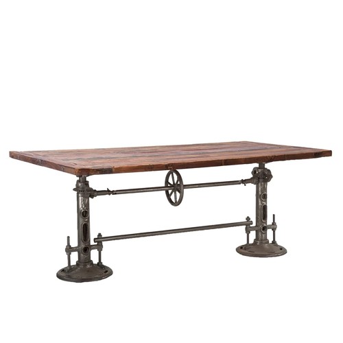 9 - NEW QUALITY VINTAGE INDUSTRIAL STYLE CAST IRON DINING TABLE WITH RECLAIMED WOODEN TOP AND ADJUSTABLE... 