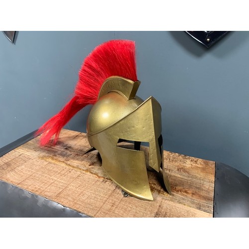 167 - NEW BOXED HEAVILY DETAILED BRASS GREEK RED SPARTAN HELMET