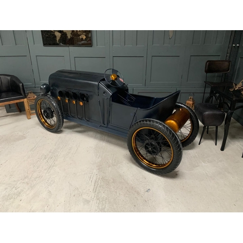 10 - BOXED VINTAGE METAL DARK BLUE RACING CAR MINI BAR/WINE RACK ON ORIGINAL WHEELS WITH GOLD TRIM INCLUD... 