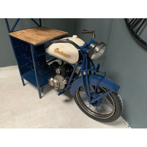 13 - INDIANA BLUE/WHITE HALF MOTORCYCLE BAR/COUNTER, C/W MULTI STOREY WINE RACK AND GLASSES HOLDER WITH O... 