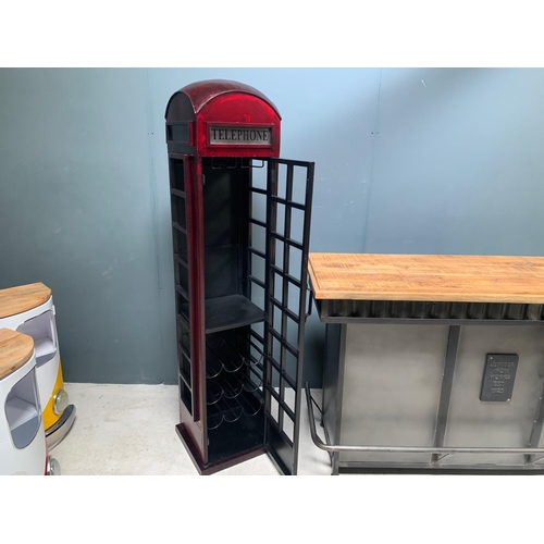 15 - BOXED TALL ICONIC LONDON TELEPHONE BOX, BAR CABINET WITH WINE RACK AND GLASS RACK IN FABRICATED META... 