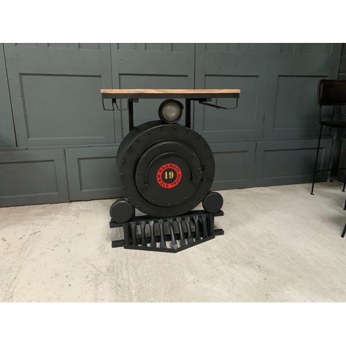 25 - LARGE HEAVY METAL STEAM ENGINE BAR COUNTER, WINE RACK & GLASS HOLDER (APPROX 90CM X 72CM X 50CM)