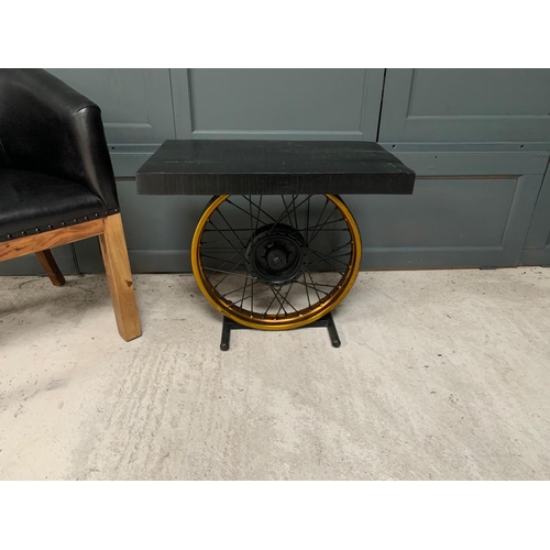 28 - BOXED HANDMADE UPCYCLED ORIGINAL  MOTORCYCLE WHEEL SIDE TABLE IN BLACK