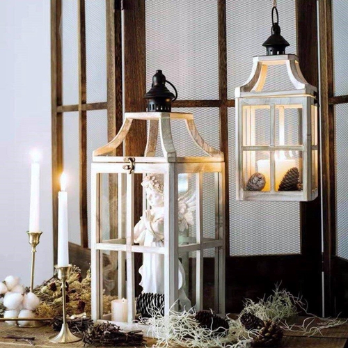 112 - NEW BOXED PAIR OF WOODEN GLAZED CANDLE LANTERS (APPROX - LARGE = 54CM - SMALL = 35CM)