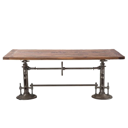 122 - NEW QUALITY VINTAGE INDUSTRIAL STYLE CAST IRON DINING TABLE WITH RECLAIMED WOODEN TOP AND ADJUSTABLE... 