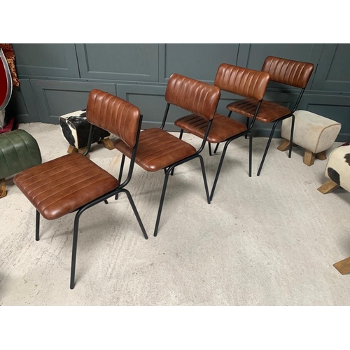 129 - PAIR OF NEW BOXED INDUSTRIAL VINTAGE STYLE DINING CHAIRS WITH RIBBED LEATHER IN DARK BROWN