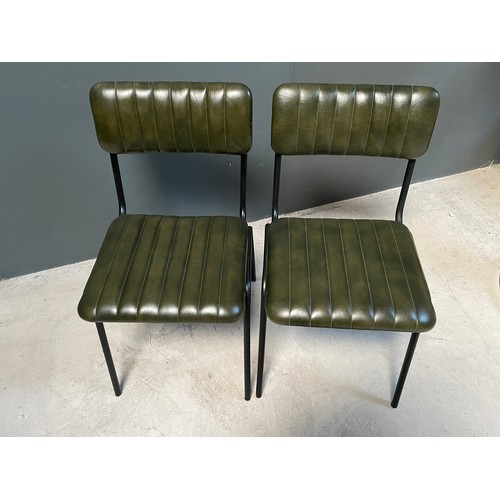 131 - PAIR OF NEW BOXED INDUSTRIAL VINTAGE STYLE DINING CHAIRS WITH RIBBED LEATHER IN GREEN