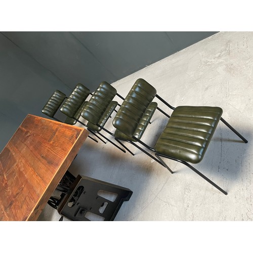 131 - PAIR OF NEW BOXED INDUSTRIAL VINTAGE STYLE DINING CHAIRS WITH RIBBED LEATHER IN GREEN