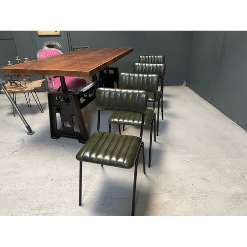 131 - PAIR OF NEW BOXED INDUSTRIAL VINTAGE STYLE DINING CHAIRS WITH RIBBED LEATHER IN GREEN