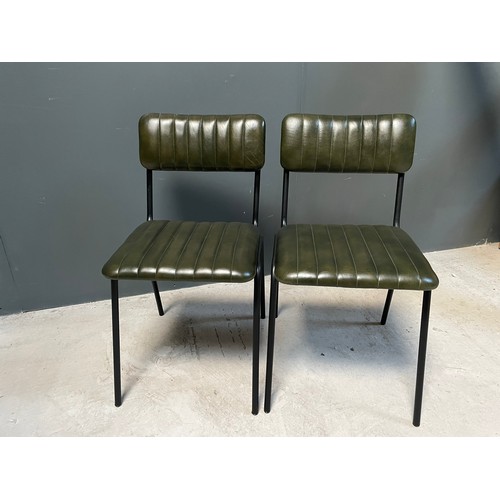 132 - PAIR OF NEW BOXED INDUSTRIAL VINTAGE STYLE DINING CHAIRS WITH RIBBED LEATHER IN GREEN