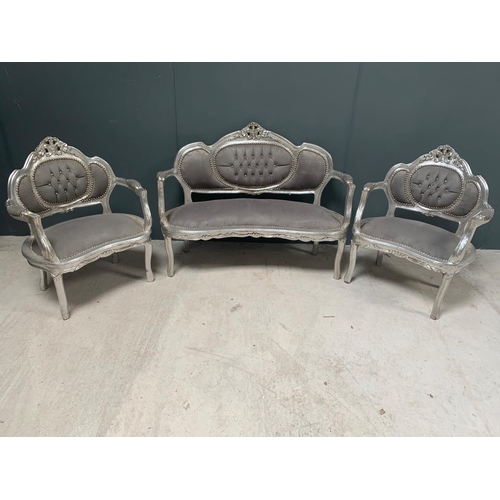 100 - SILVER 3P/C SALON SUITE HANDFINISHED DISTRESSED ANTIQUE SILVER LEAF FRAME AND UPHOLSTERY