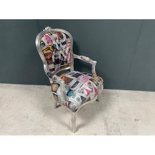 101 - LOUIS CHAIR, HANDFINISHED ANTIQUE SILVER DISTRESSED FRAME AND NEW PATTERN UPHOLSTERY