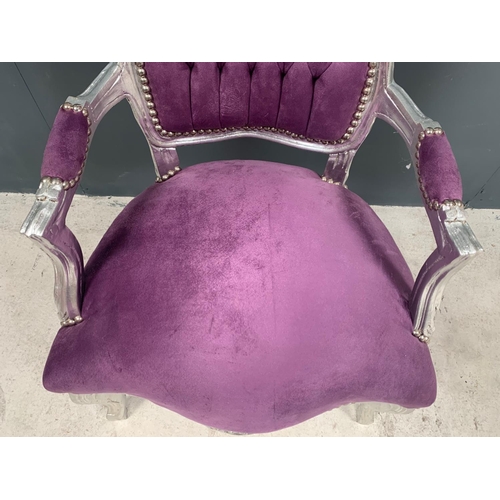 106 - BABY LOUIS CHAIR, HANDFINISHED ANTIQUE SILVER DISTRESSED FRAME AND NEW PURPLE UPHOLSTERY