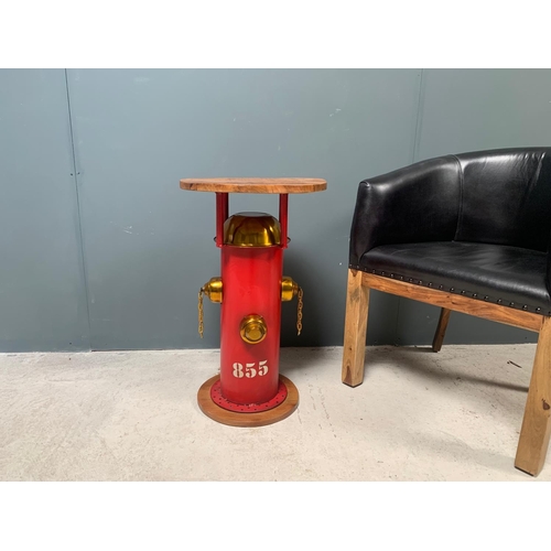 125 - BRAND NEW BOXED INDUSTRIAL METAL RED FIRE HYDRANT SIDE TABLE WITH WOODEN TOP