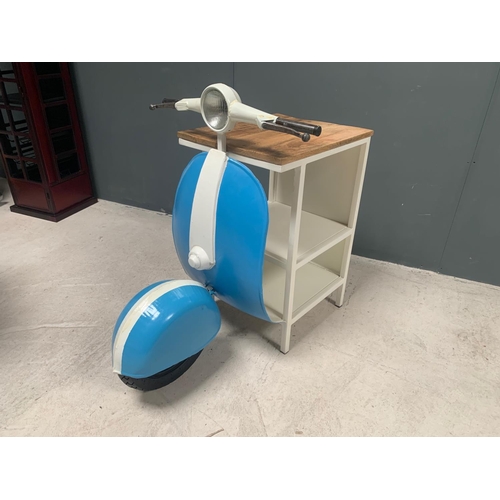 133 - BRAND NEW BOXED BLUE AND WHITE VINTAGE RETRO VESPA SIDE TABLES WITH HANDLE BARS + WHEEL