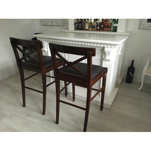 74 - NEW PACKAGED 1.5M SOLID MAHOGANY FRONT BAR AND BACK BAR FULLY SHELVED/MIRRORED IN WHITE