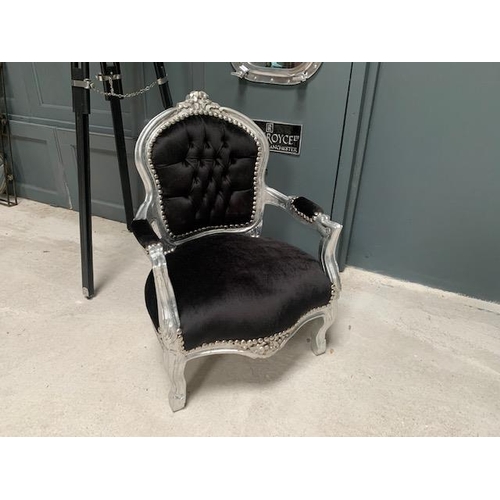 92 - BABY LOUIS CHAIR, HANDFINISHED ANTIQUE SILVER DISTRESSED FRAME AND NEW BLACK UPHOLSTERY