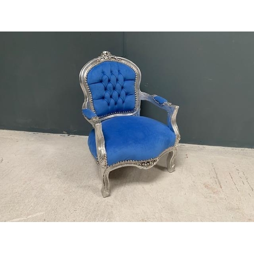 97 - BABY LOUIS CHAIR, HANDFINISHED ANTIQUE SILVER DISTRESSED FRAME AND NEW BLUE  UPHOLSTERY