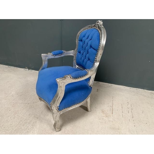 97 - BABY LOUIS CHAIR, HANDFINISHED ANTIQUE SILVER DISTRESSED FRAME AND NEW BLUE  UPHOLSTERY