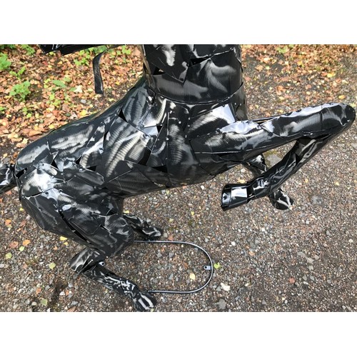 112 - POLISHED METAL FABRICATED LARGE REARING HORSE STATUE WITH FLOOR MOUNTS