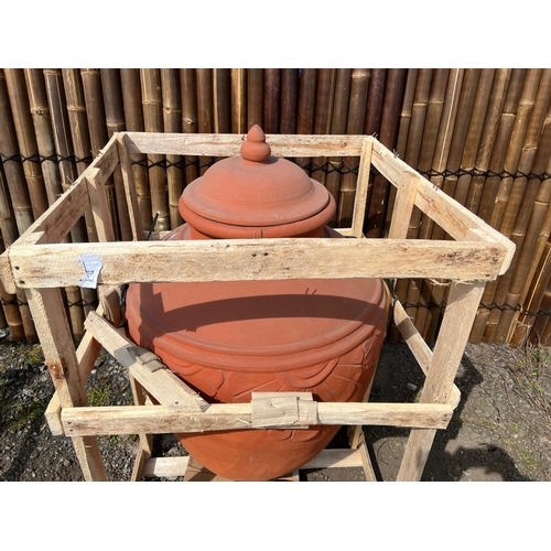 20 - HUGE 1.1M TALL HAND FIRED TERRACOTTA OLIVE POT WITH LID