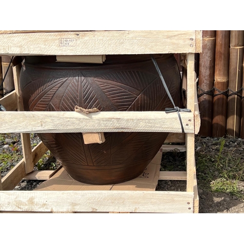 23 - HAND FIRED TERRACOTTA POT WITH LEAF PATTERN IN AN ANTIQUE BROWN FINISH