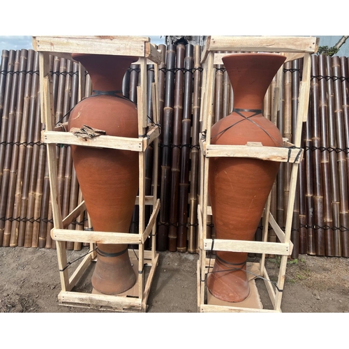 25 - PAIR HUGE CRATED 1.5M TALL HANDFIRED TERRECOTTA DECORATIVE POTS