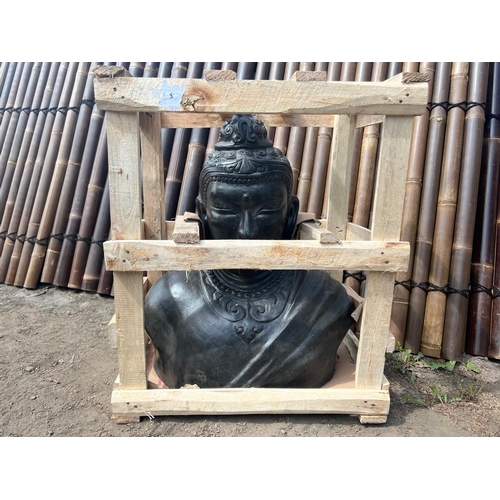 49 - LARGE HEAVY TERRACOTTA BUDDHA BUST STATUE IN A BLACK FINISH (APPROX 76CM TALL X 63CM WIDE)