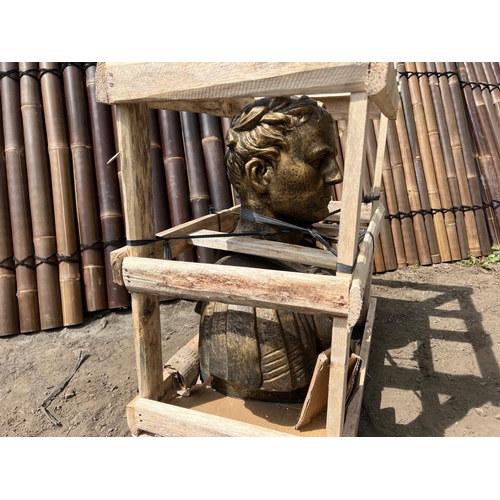 51 - LARGE CRATED TERRACOTTA ROMAN BUST IN AN ANTIQUE GOLD FINISH (APPROX 65CM TALL X 60CM WIDE)