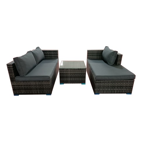 96 - BOX NEW RATTAN GREY 3P/C OPTIONAL CORNER SUITE, C/W SOFA, LOUNGER, COFFEE TABLE, GLASS