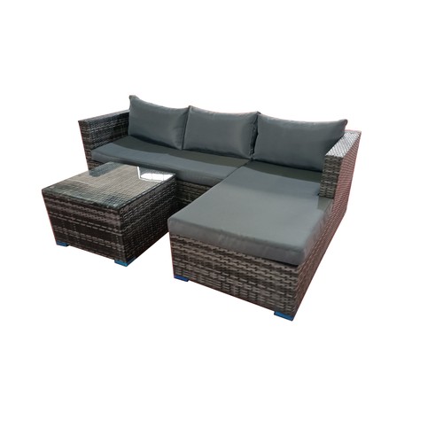 96 - BOX NEW RATTAN GREY 3P/C OPTIONAL CORNER SUITE, C/W SOFA, LOUNGER, COFFEE TABLE, GLASS