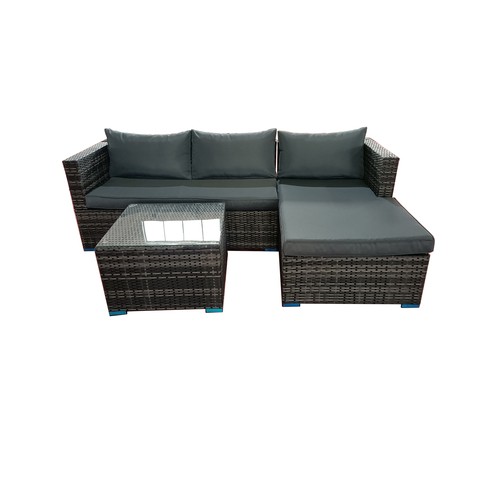 96 - BOX NEW RATTAN GREY 3P/C OPTIONAL CORNER SUITE, C/W SOFA, LOUNGER, COFFEE TABLE, GLASS