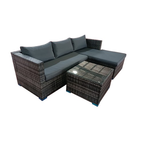 96 - BOX NEW RATTAN GREY 3P/C OPTIONAL CORNER SUITE, C/W SOFA, LOUNGER, COFFEE TABLE, GLASS