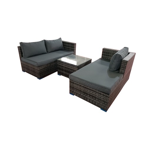 97 - BOX NEW RATTAN GREY 3P/C OPTIONAL CORNER SUITE, C/W SOFA, LOUNGER, COFFEE TABLE, GLASS