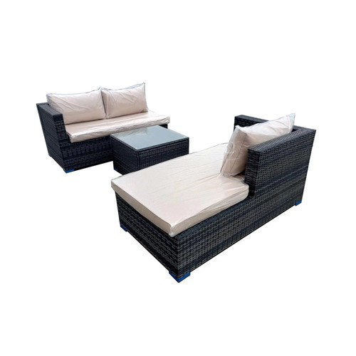 115 - BOX NEW RATTAN BROWN/IVORY CUSHION 3P/C OPTIONAL CORNER SUITE, C/W SOFA, LOUNGER, COFFEE TABLE, GLAS... 