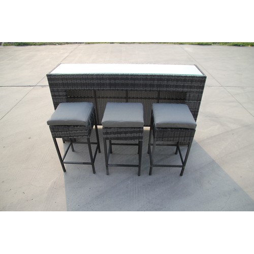 111 - BOX NEW RATTAN 4P/C GARDEN BAR AND STOOLS, C/W BAR COUNTER & GLASS TOP, 3 STOOLS.