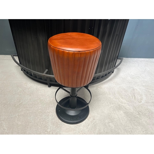 11 - BOXED NEW INDUSTRIAL STYLE RIBBED LEATHER BAR STOOL ON CAST IRON BASE IN TAN