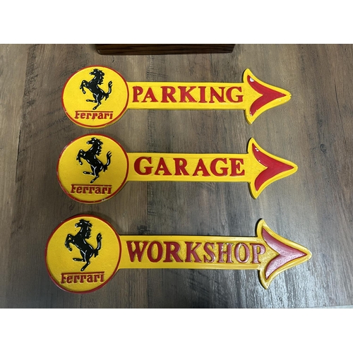 118 - SET OF 3 X CAST IRON FERRARI ARROW SIGNS (PARKING, GARAGE, WORKSHOP)