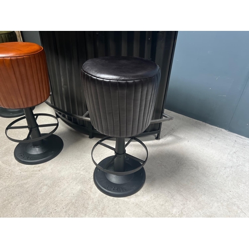 13 - BOXED NEW INDUSTRIAL STYLE RIBBED LEATHER BAR STOOL ON CAST IRON BASE IN BLACK