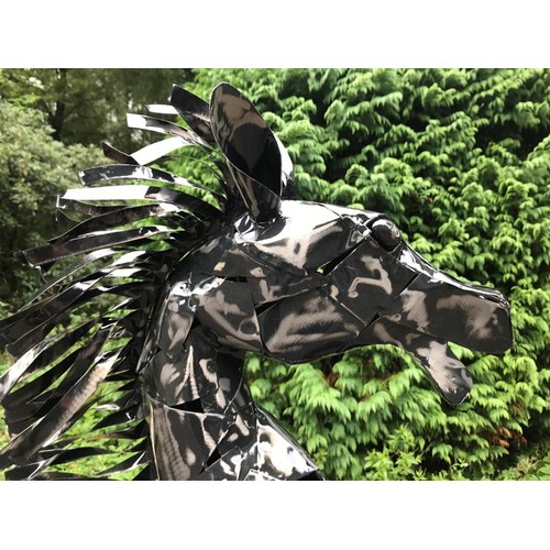 221 - POLISHED METAL FABRICATED LARGE REARING HORSE STATUE WITH FLOOR MOUNTS