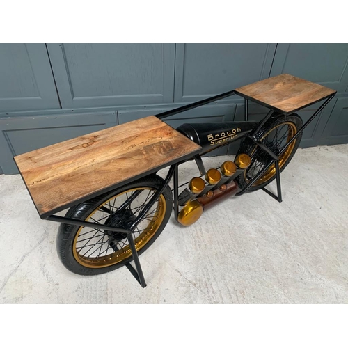 2 - DARK BLUE & GOLD BROUGH SUPERIOR MOTORCYCLE COUNTER/DESK WITH WINE RACK