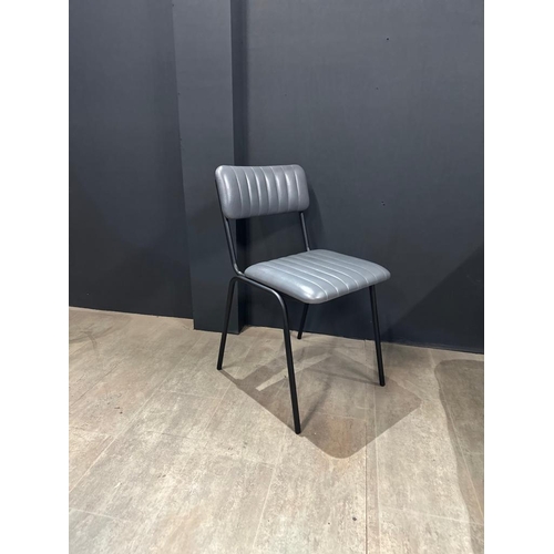 20 - PAIR OF NEW BOXED INDUSTRIAL VINTAGE STYLE DINING CHAIRS WITH RIBBED LEATHER IN GREY