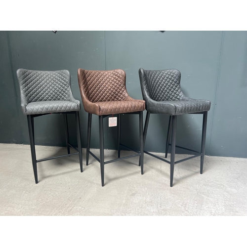 43 - BOXED NEW PAIR OF CLASSIC FAUX LEATHER HIGH BAR STOOLS IN GREY