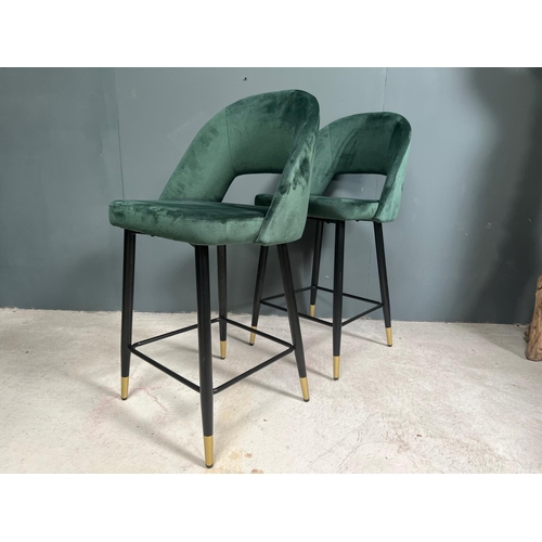 49 - BOXED NEW PAIR OF DARK GREEN VELVET BAR STOOLS