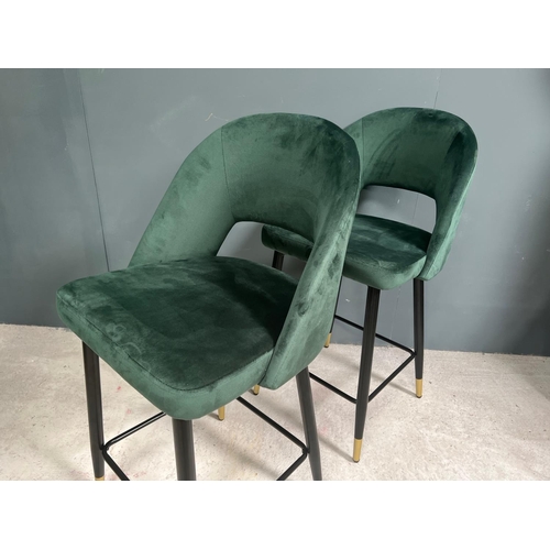 49 - BOXED NEW PAIR OF DARK GREEN VELVET BAR STOOLS