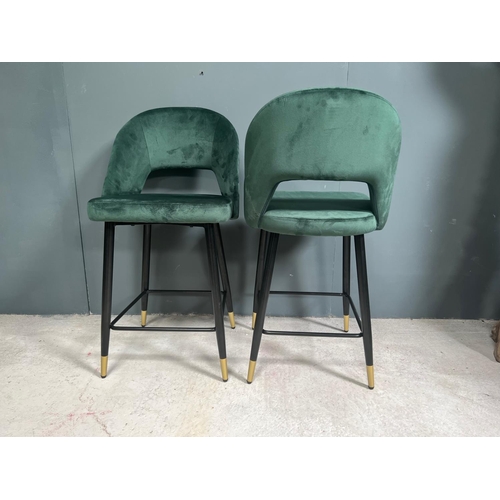 49 - BOXED NEW PAIR OF DARK GREEN VELVET BAR STOOLS