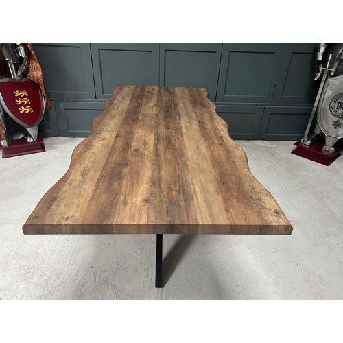 70 - NEW PACKAGED HUGE 2M LONG WANEY EDGE WOODEN DINING TABLE ON METAL CROSSED BASE