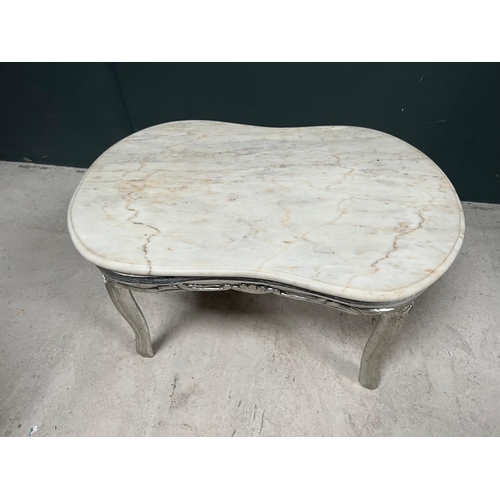 85 - ORNATE FRENCH TABLE BASE IN A DISTRESSED SILVER WITH MARBLE TOP