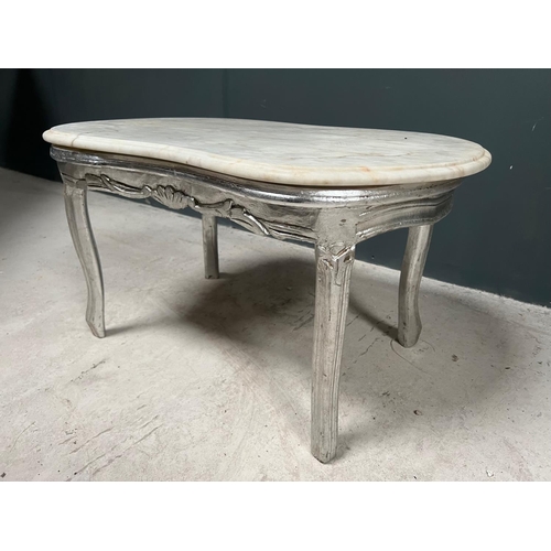 85 - ORNATE FRENCH TABLE BASE IN A DISTRESSED SILVER WITH MARBLE TOP