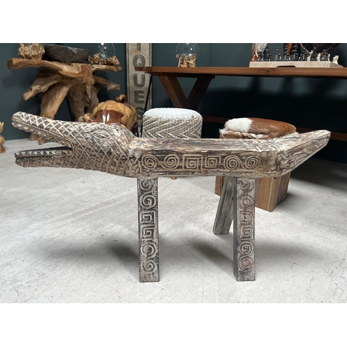 87 - TEAK HANDCARVED ORIENTAL CROCODILE BENCH (PLEASE NOTE EVERY ONE IS DIFFERENT DUE TO THE NATURE WOOD,... 